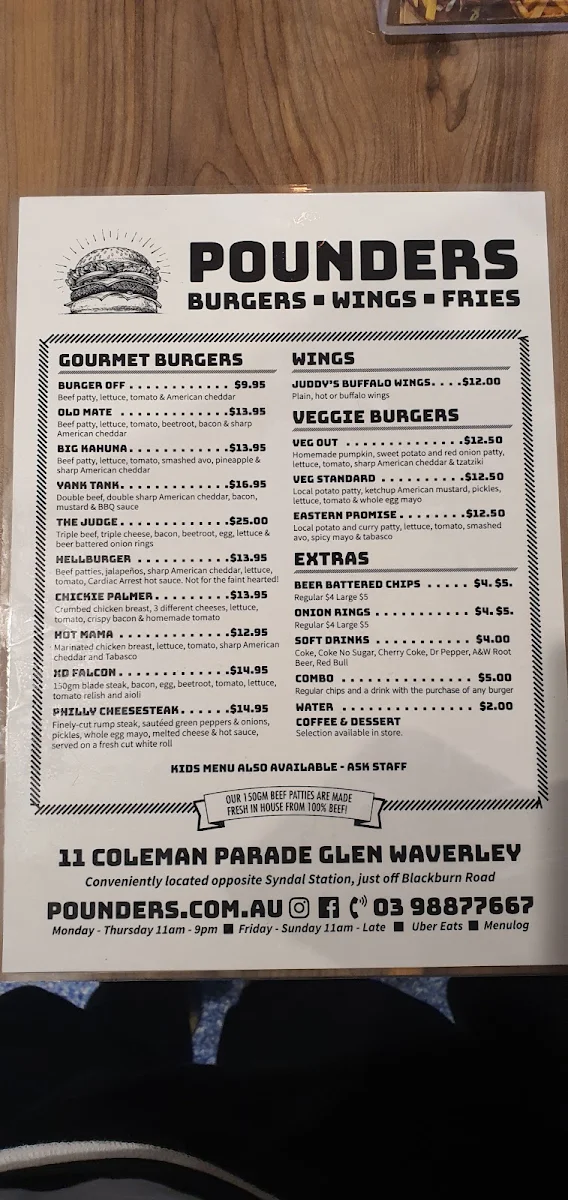 Menu, Pounders Burgers - Glen Waverley