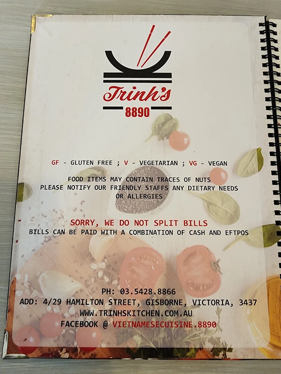 Menu, Trinh's Kitchen Gisborne