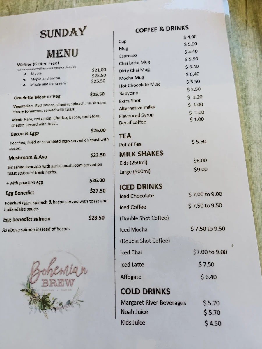 Menu, Bohemian Brew
