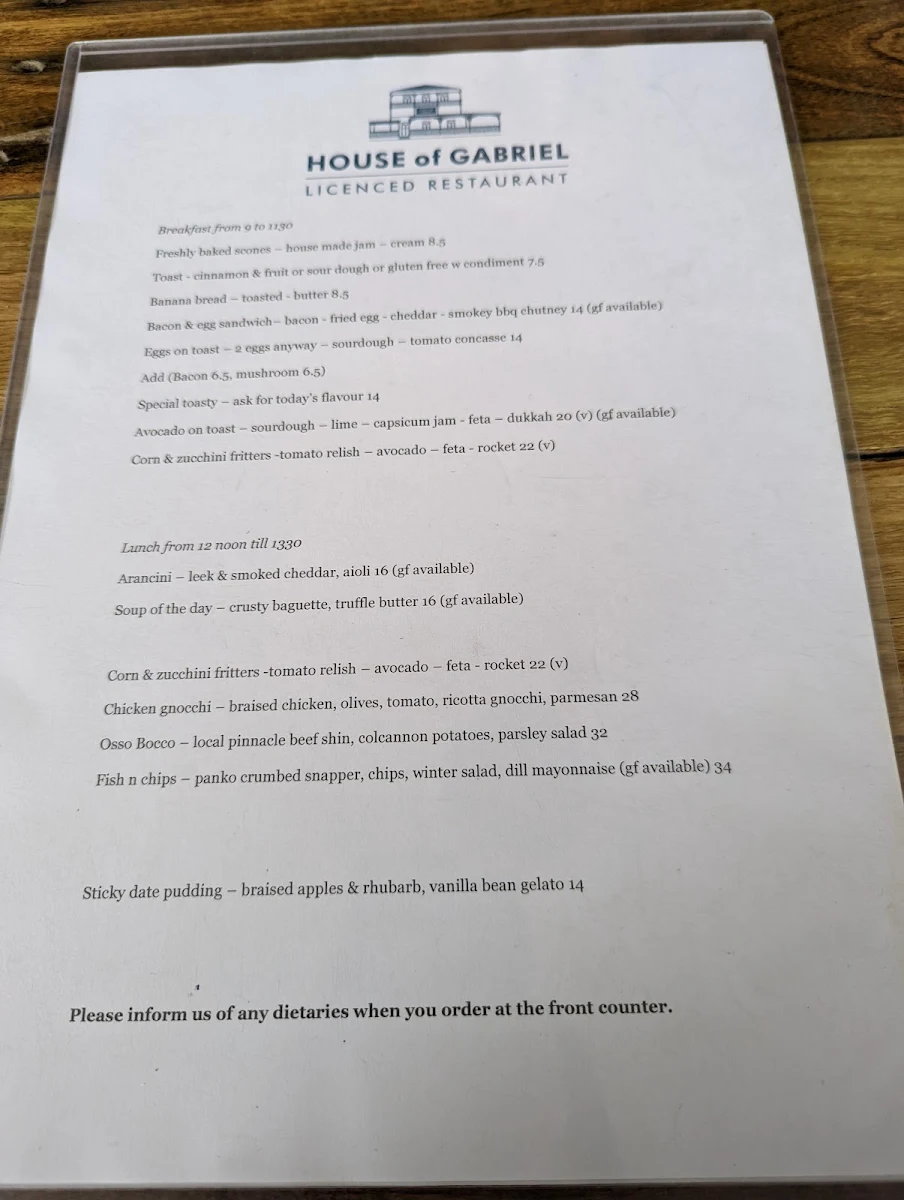 Menu, House of Gabriel