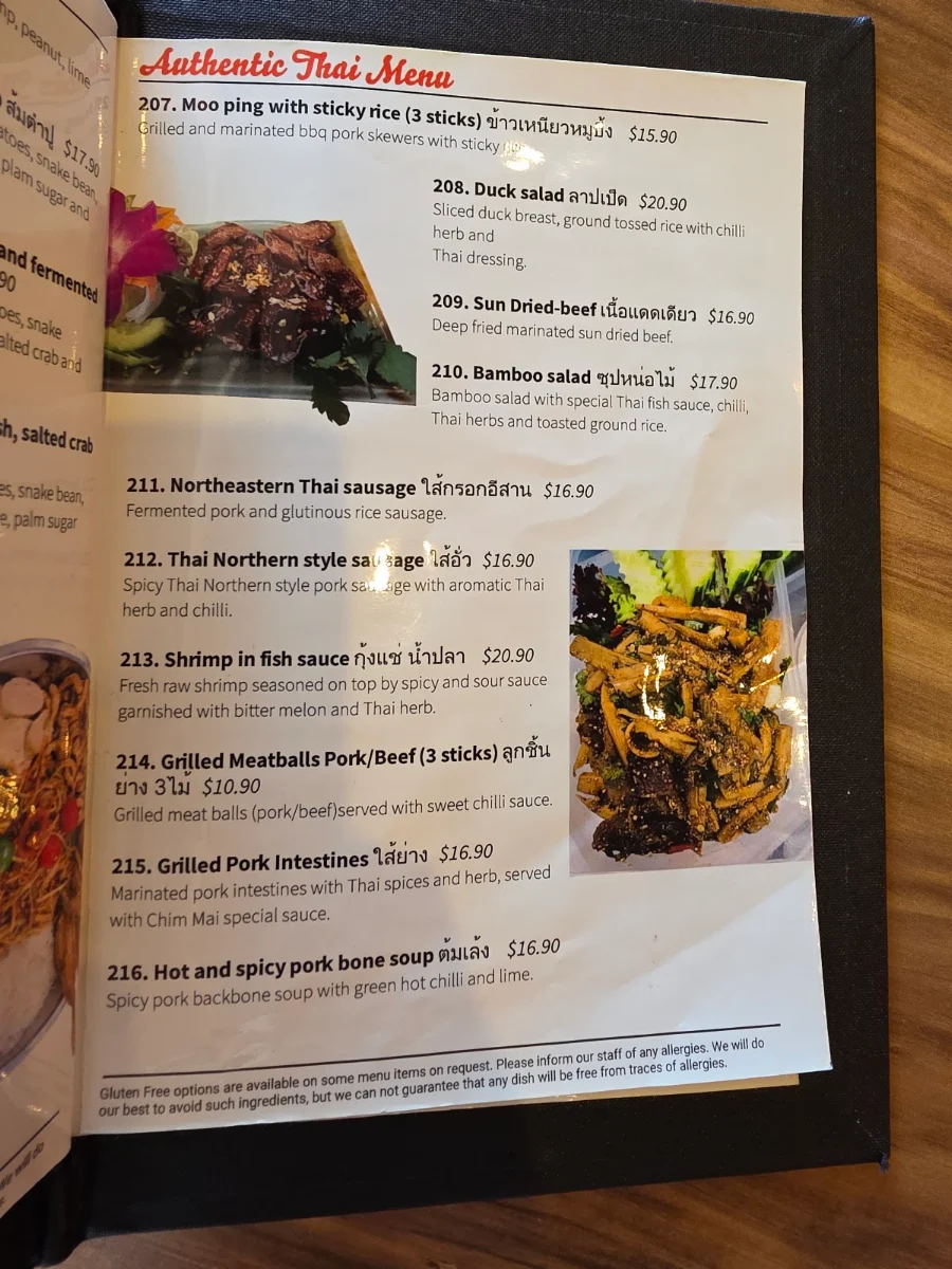 Menu, Chim Mai Thai Cuisine