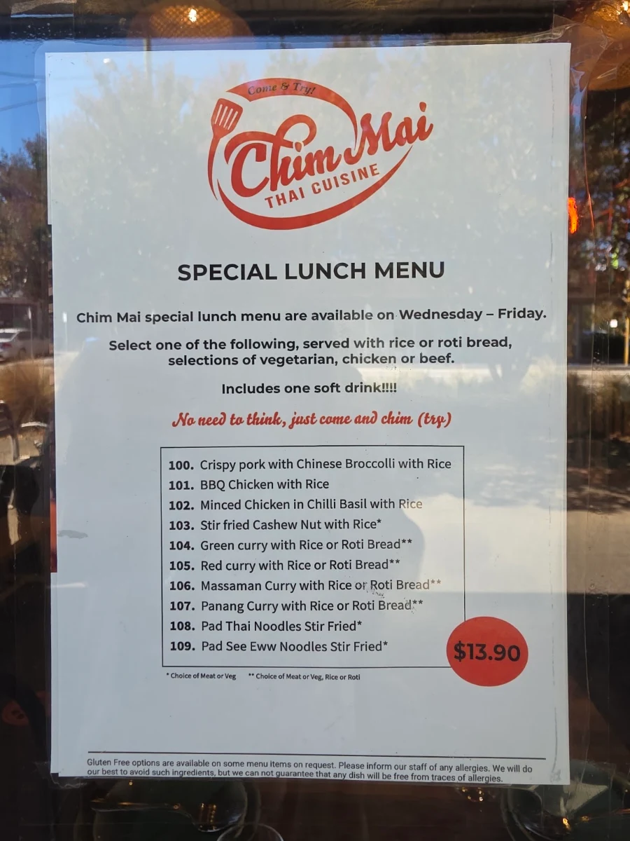 Menu, Chim Mai Thai Cuisine