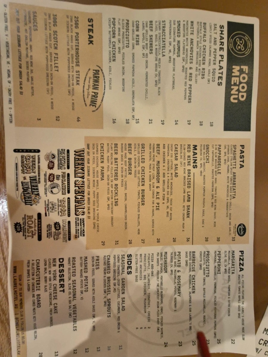 Menu, The Laurel Hotel