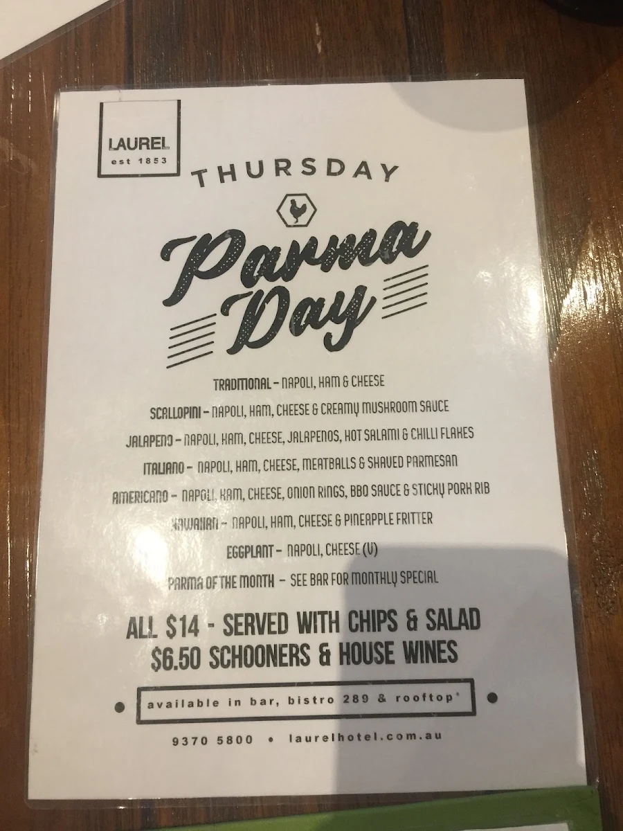 Menu, The Laurel Hotel