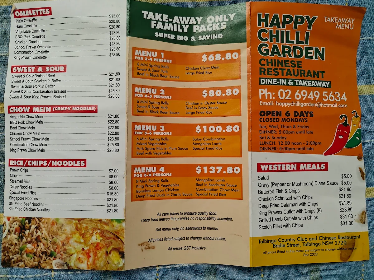 Menu, Happy Chilli Garden Talbingo
