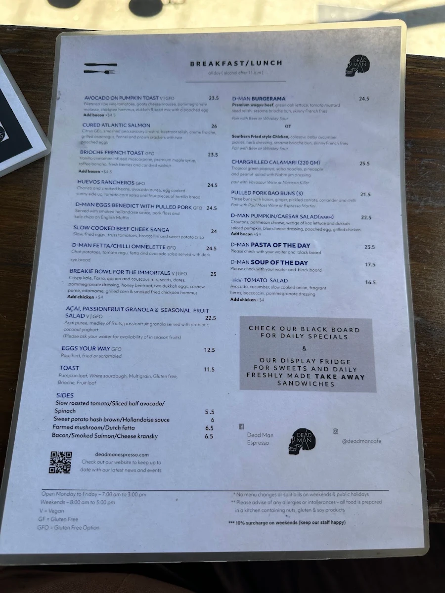 Menu, Dead Man Espresso