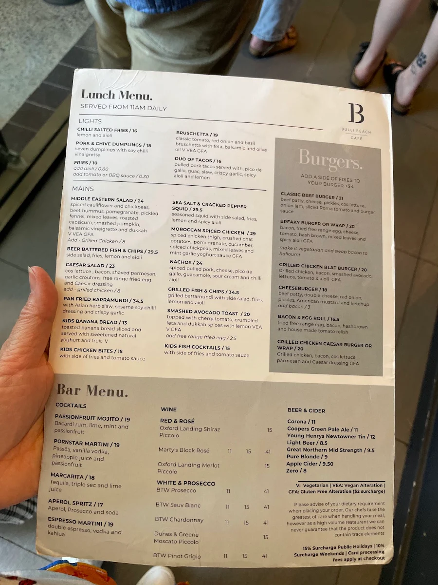 Menu, Bulli Beach Cafe