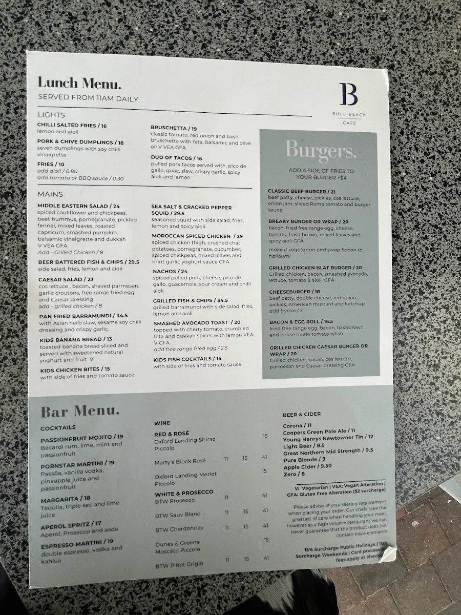 Menu, Bulli Beach Cafe