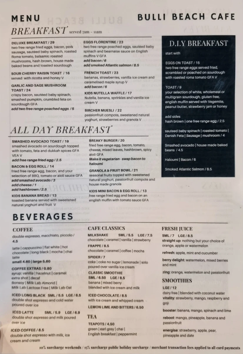 Menu, Bulli Beach Cafe