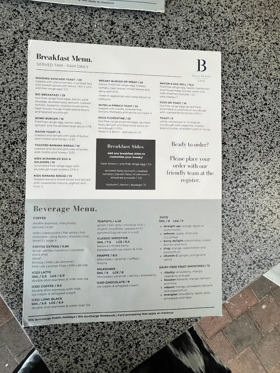 Menu, Bulli Beach Cafe