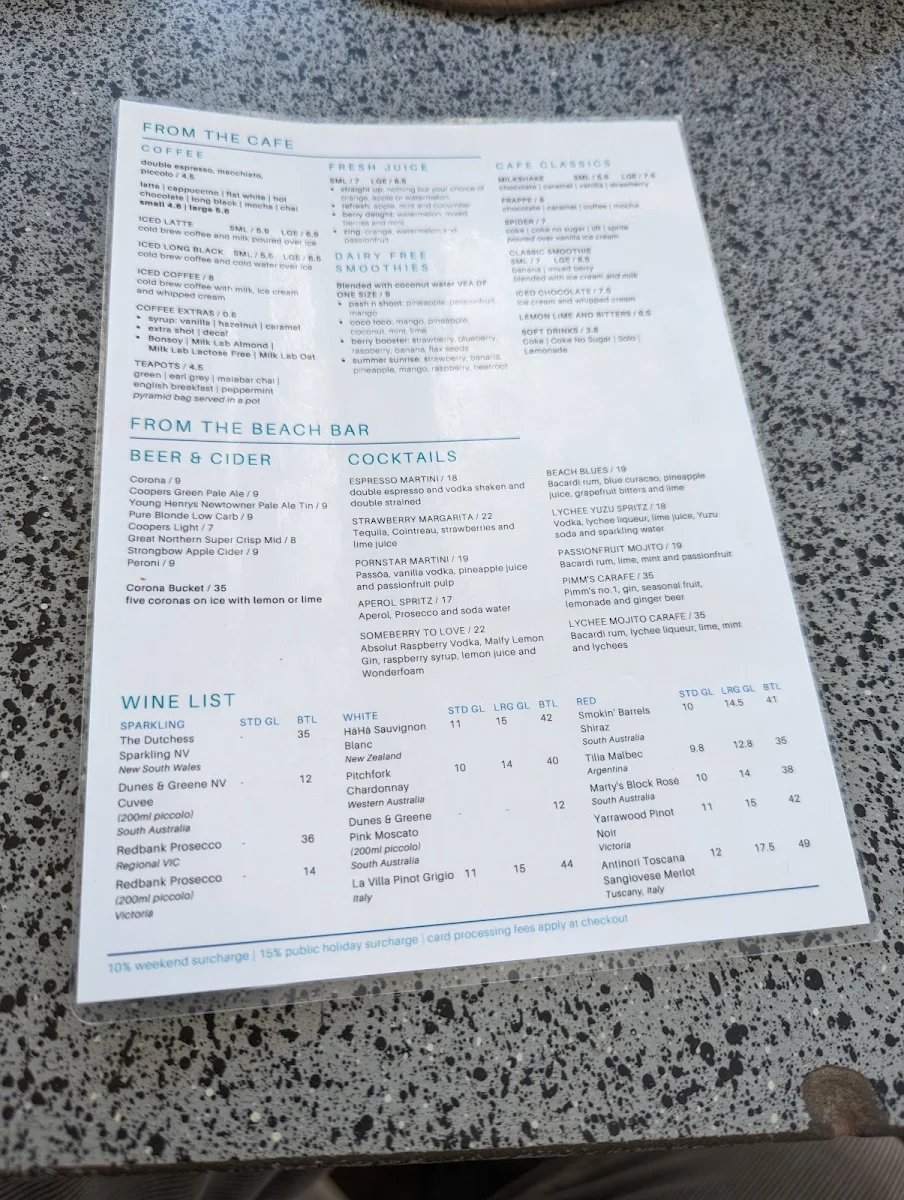 Menu, Bulli Beach Cafe