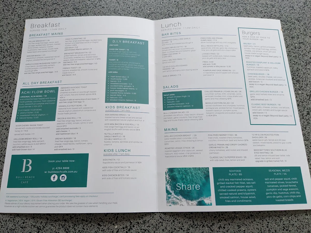 Menu, Bulli Beach Cafe