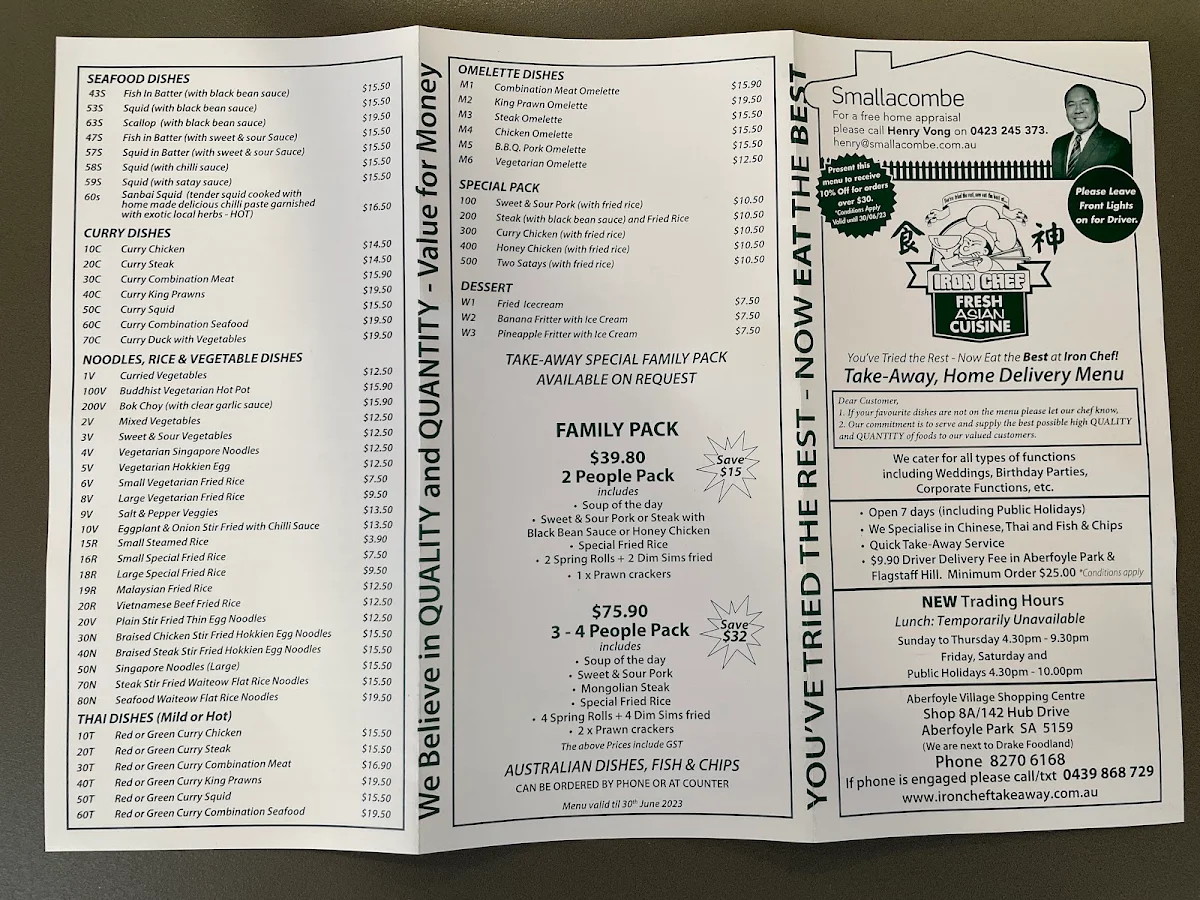 Menu, Iron Chef Fresh Asian Cuisine