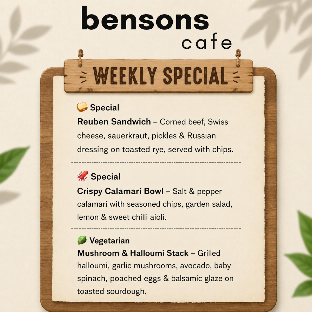 Menu, Bensons Cafe
