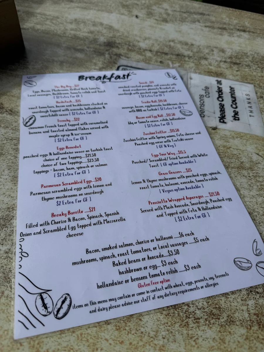 Menu, Bensons Cafe