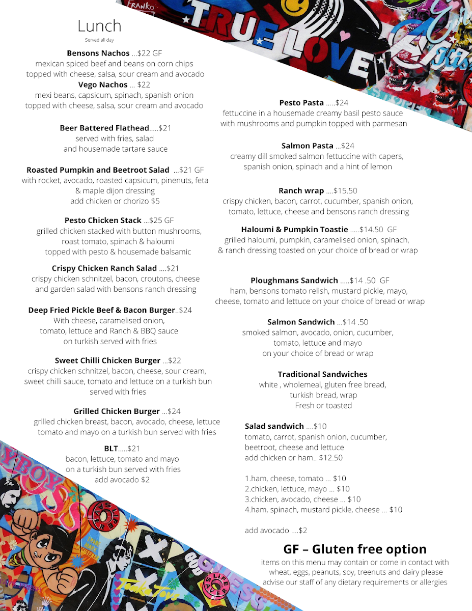 Menu, Bensons Cafe