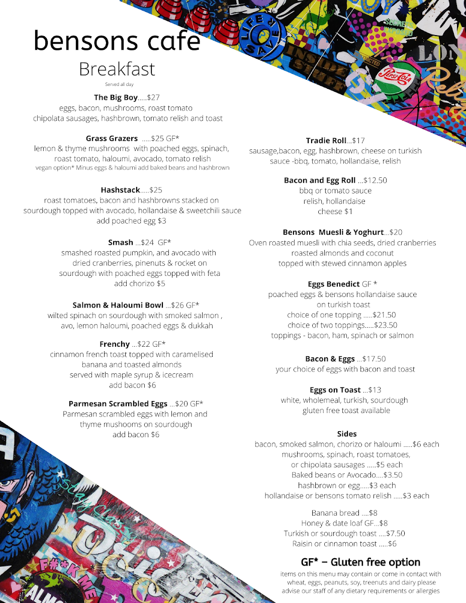 Menu, Bensons Cafe