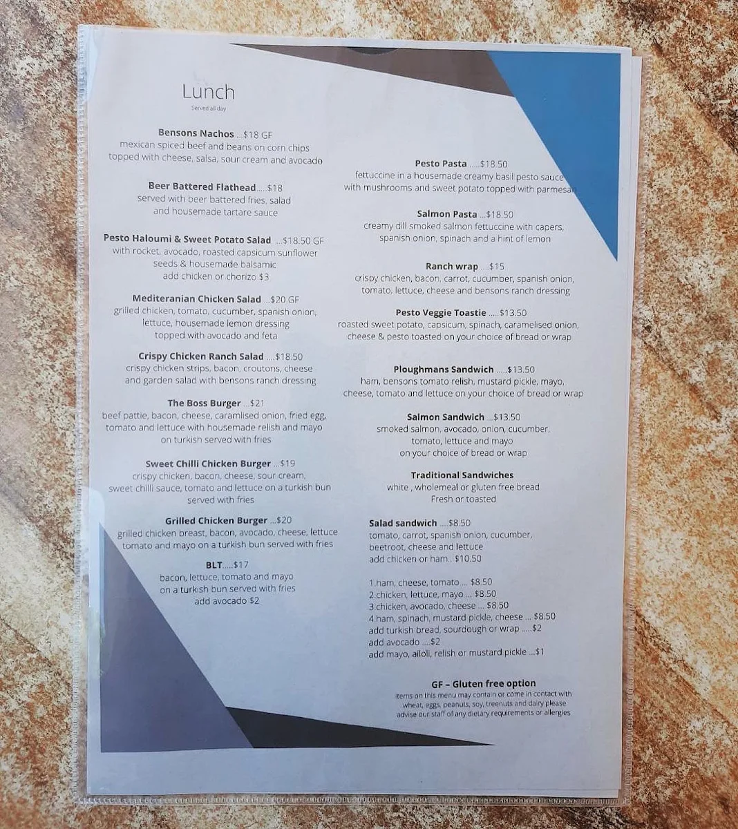Menu, Bensons Cafe