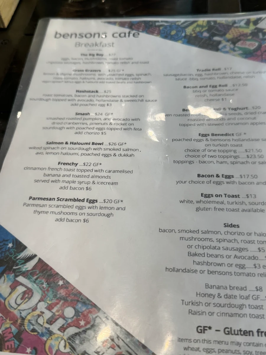 Menu, Bensons Cafe