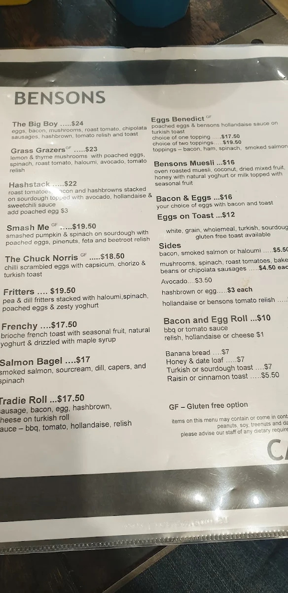 Menu, Bensons Cafe