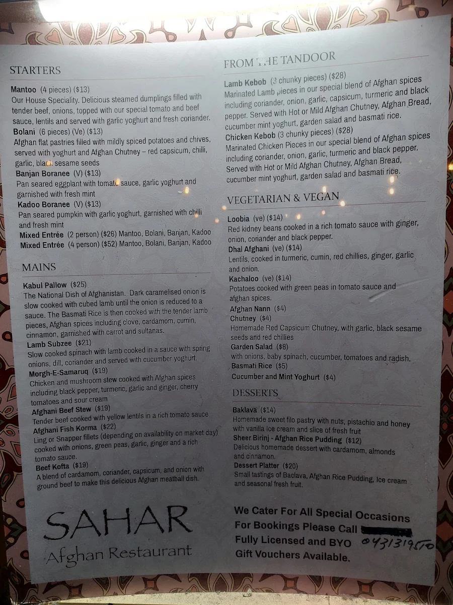Menu, Sahar Afghan Restaurant