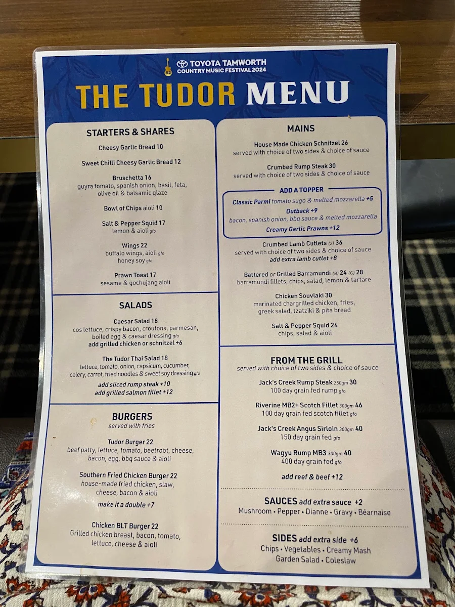 Menu, Tudor Hotel Tamworth