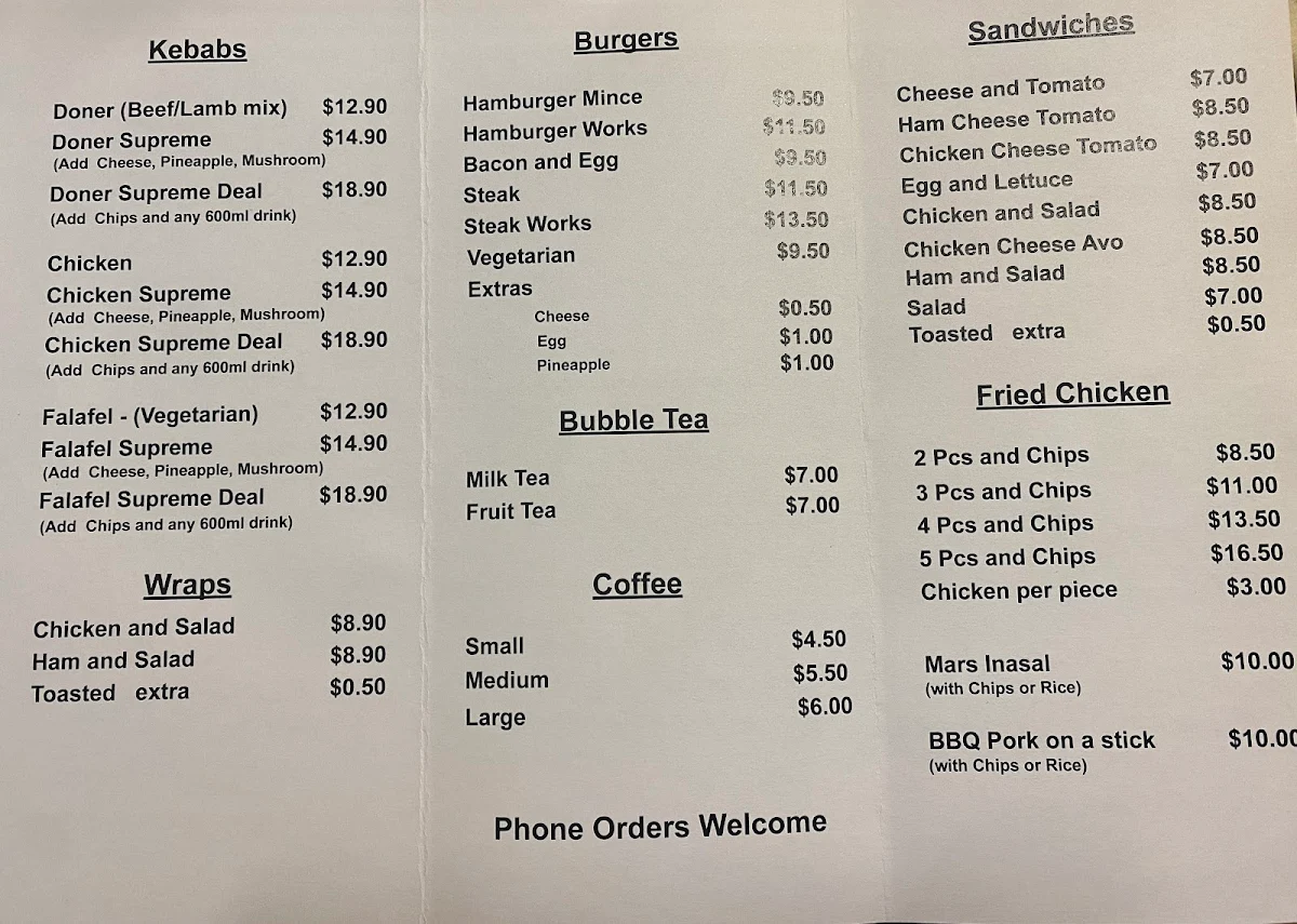 Menu, Lee's Kitchen