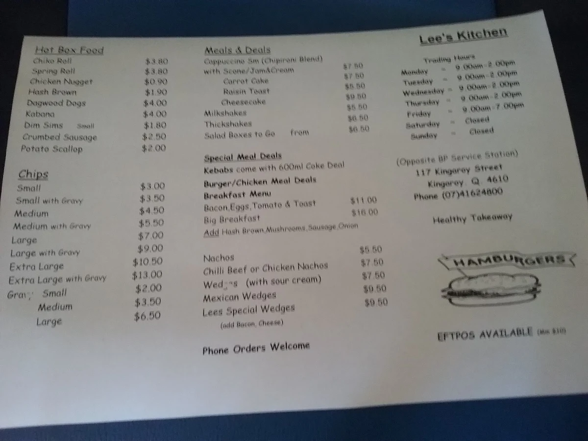 Menu, Lee's Kitchen