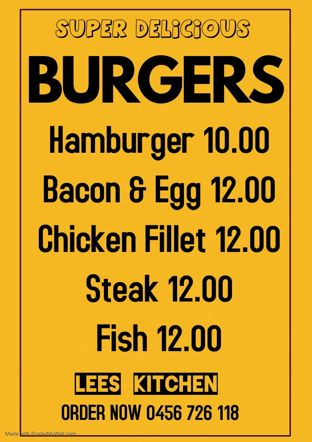 Menu, Lee's Kitchen