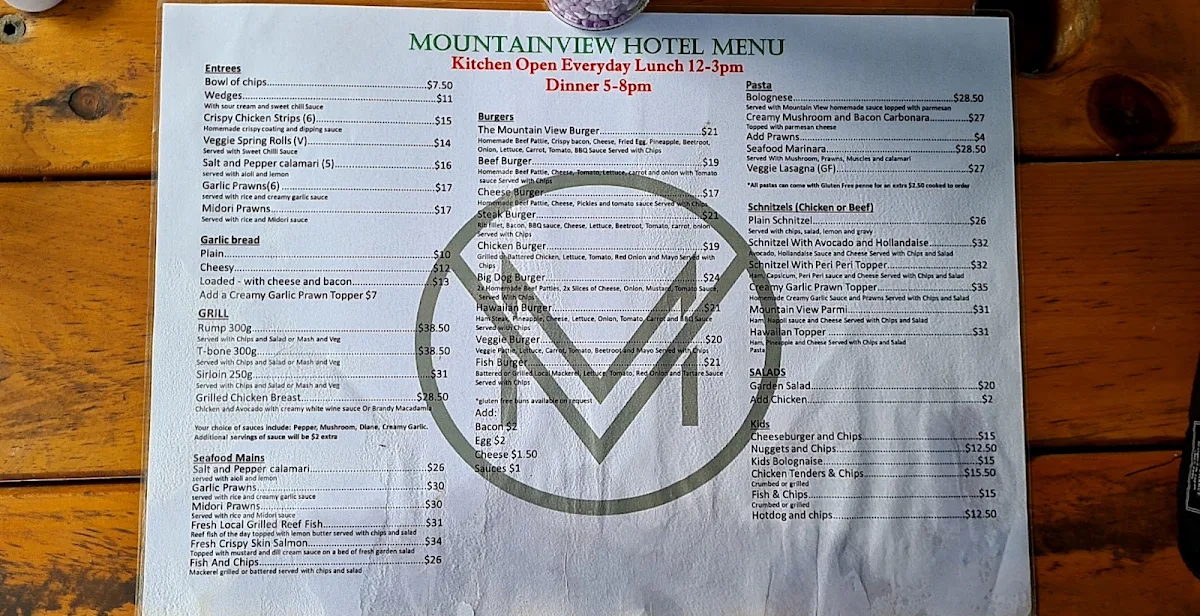 Menu, Mountain View Hotel