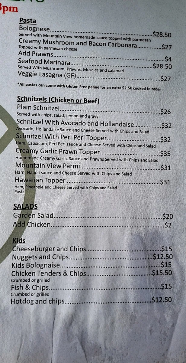 Menu, Mountain View Hotel