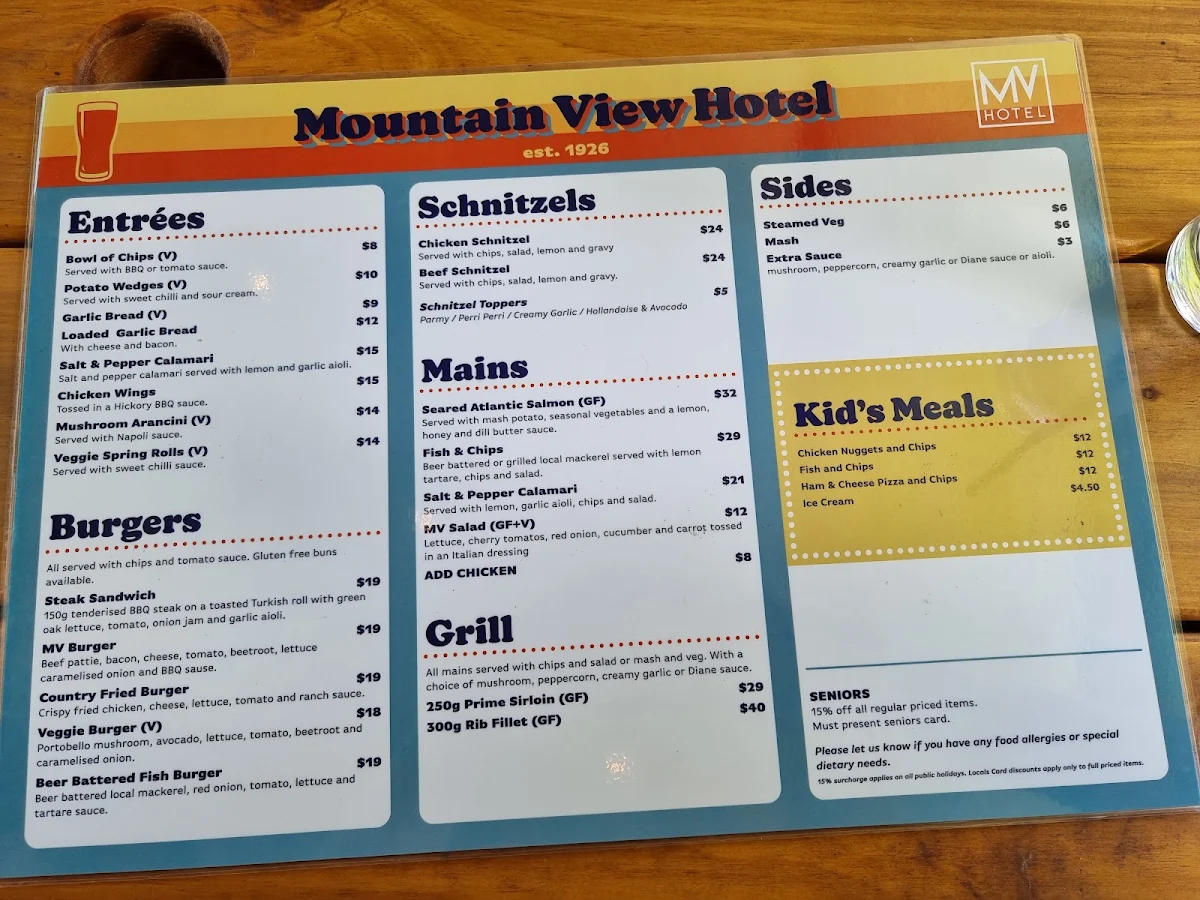 Menu, Mountain View Hotel
