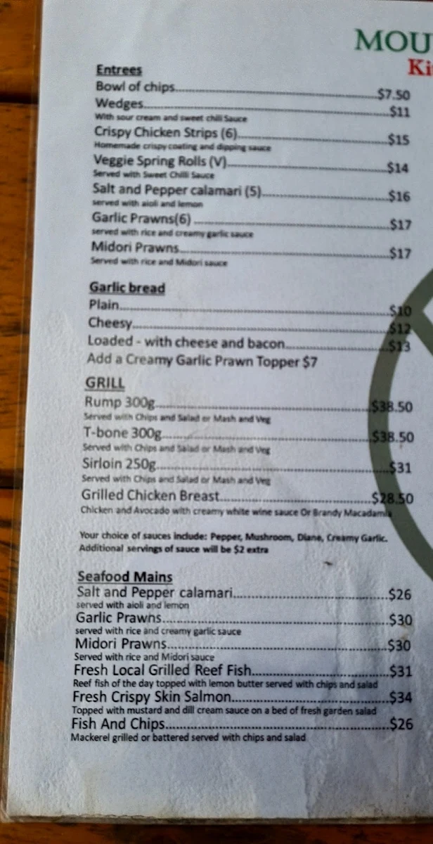 Menu, Mountain View Hotel