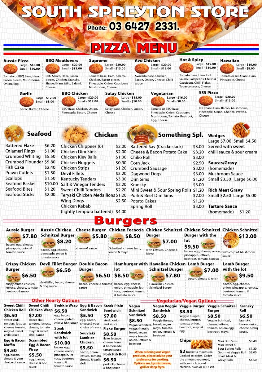 Menu, South Spreyton Store