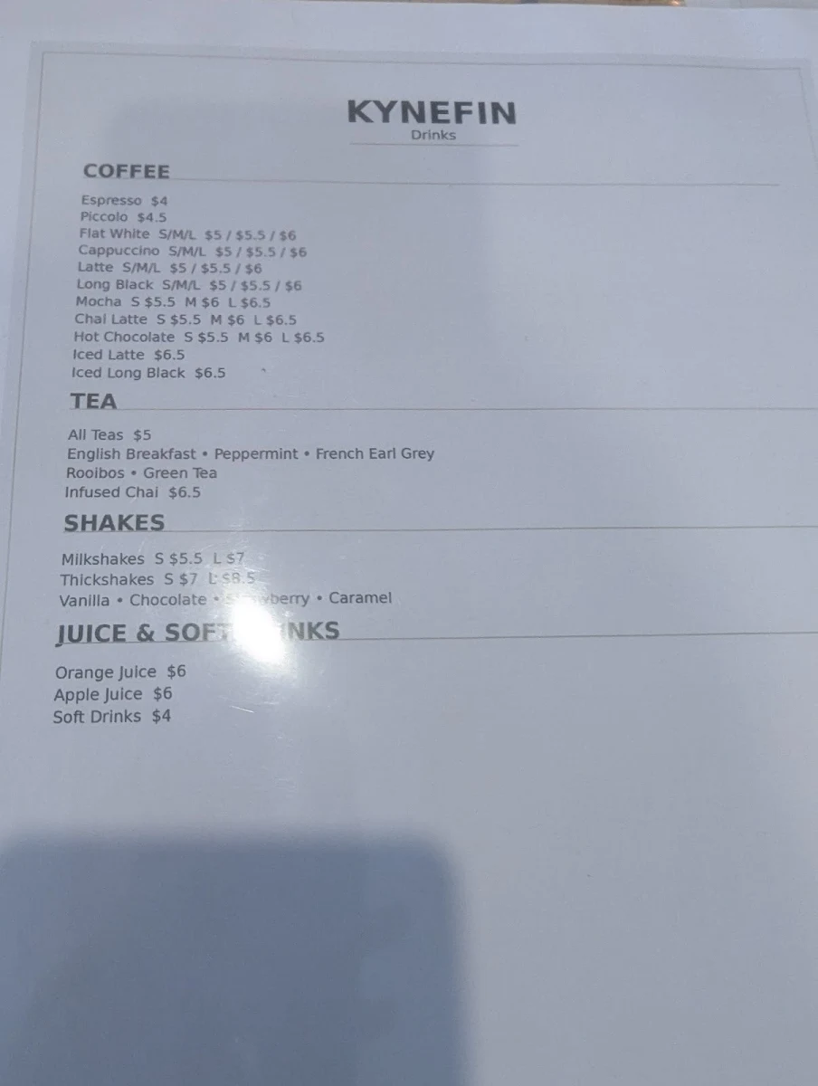 Menu, Kynefin Cafe