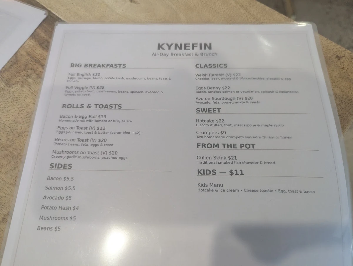 Menu, Kynefin Cafe