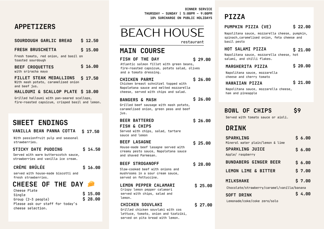 Menu, Beach House Restaurant and bar