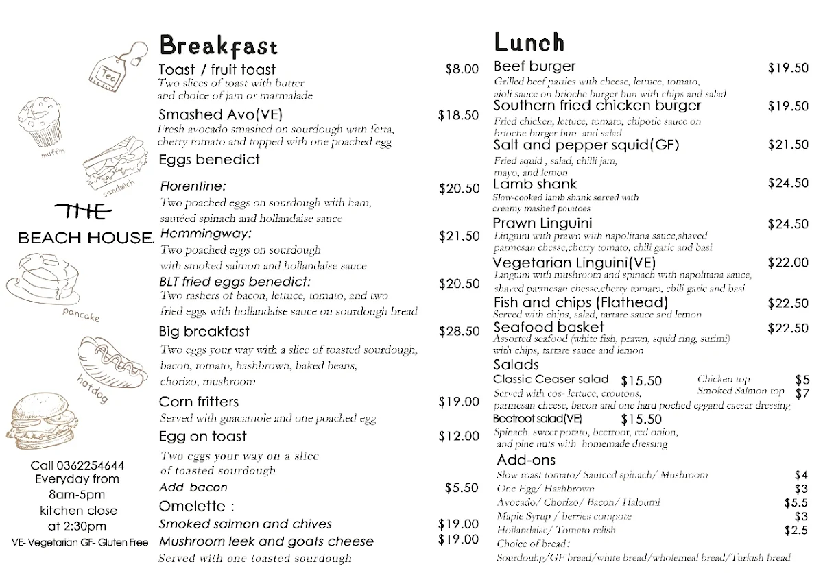Menu, Beach House Restaurant and bar