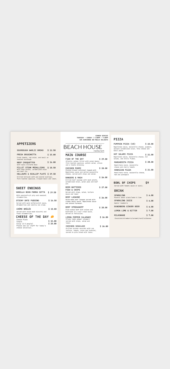 Menu, Beach House Restaurant and bar