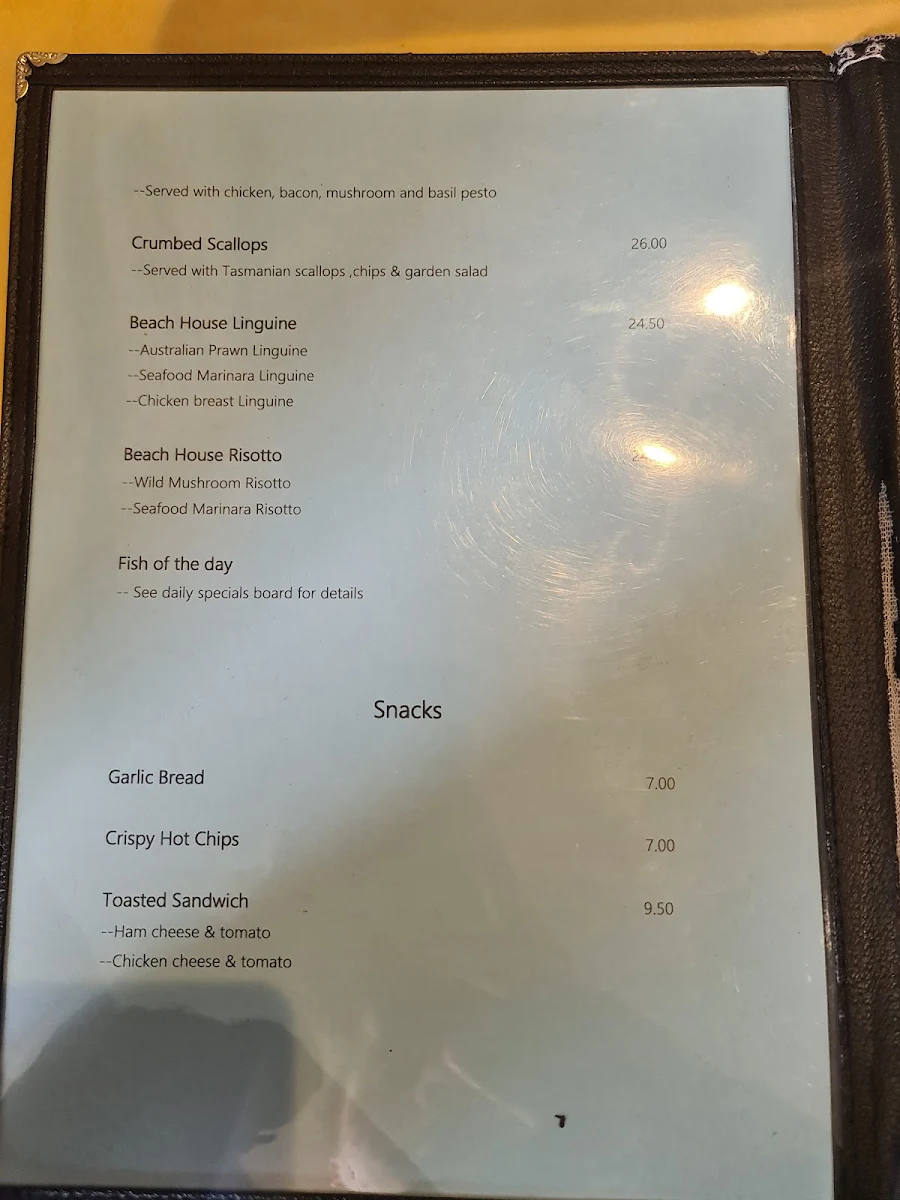 Menu, Beach House Restaurant and bar