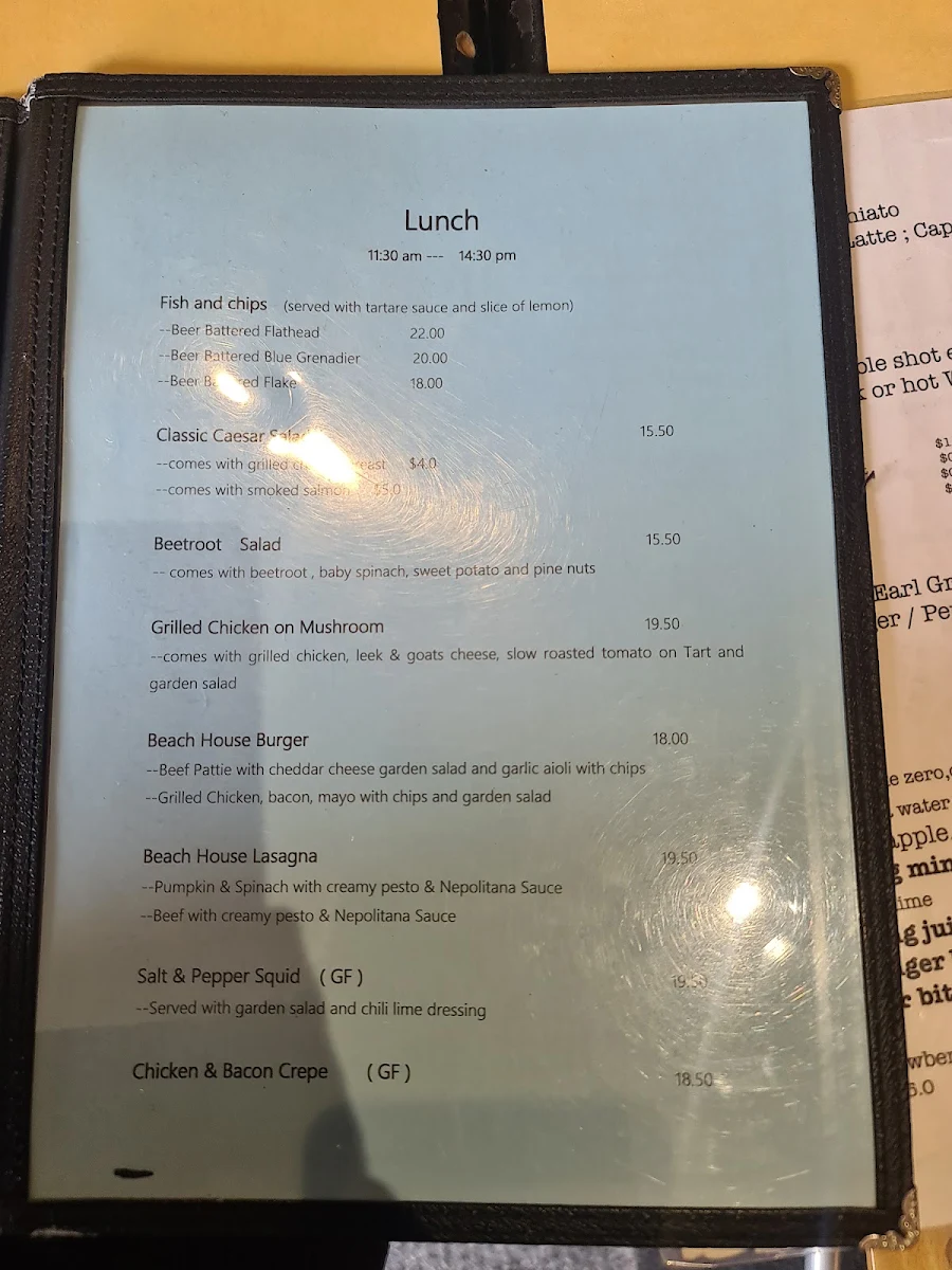 Menu, Beach House Restaurant and bar