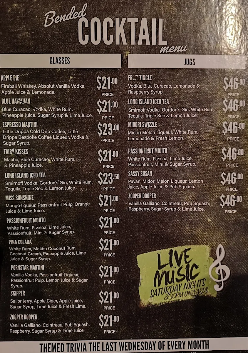 Menu, The Bended Elbow