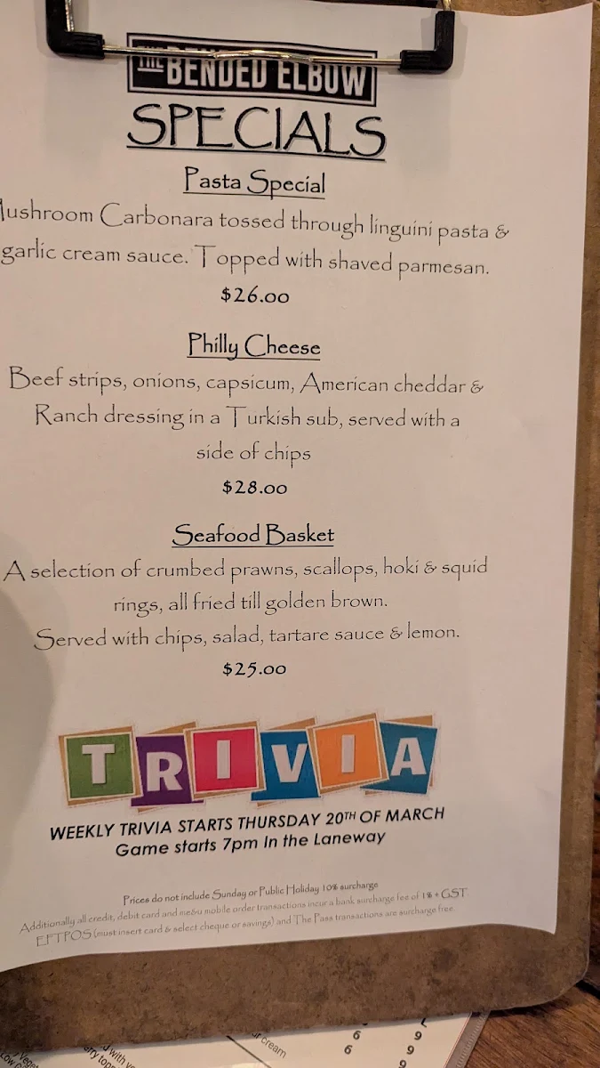 Menu, The Bended Elbow