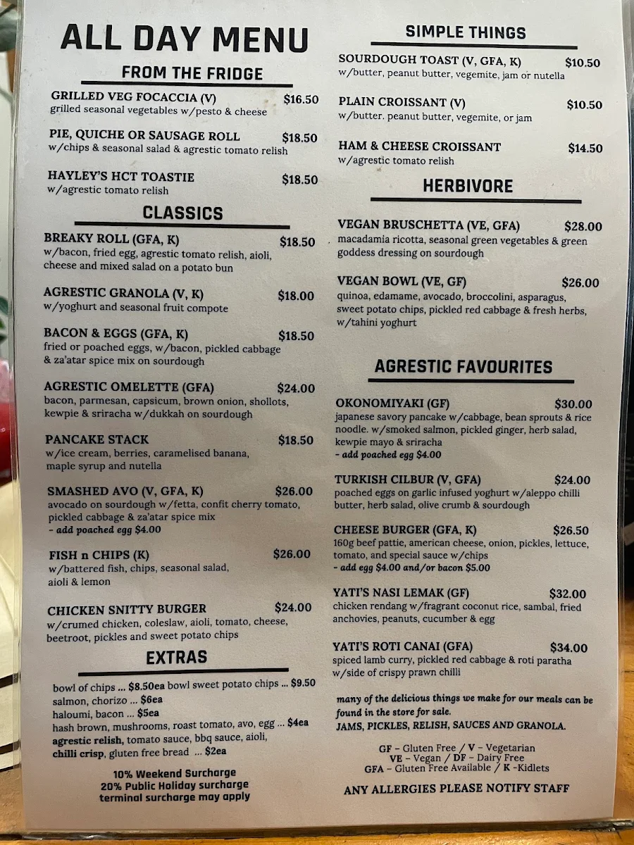 Menu, The Agrestic Grocer