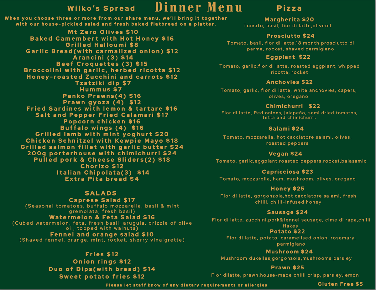 Menu, Mr Wilkinson