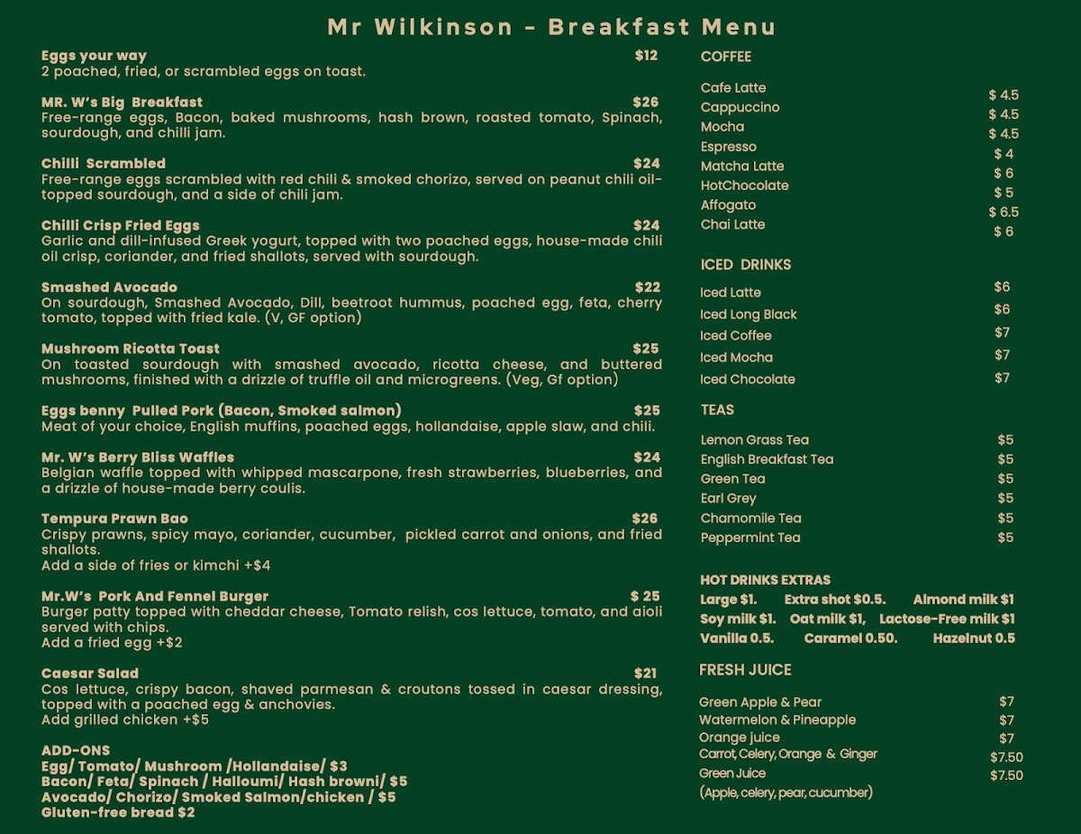 Menu, Mr Wilkinson