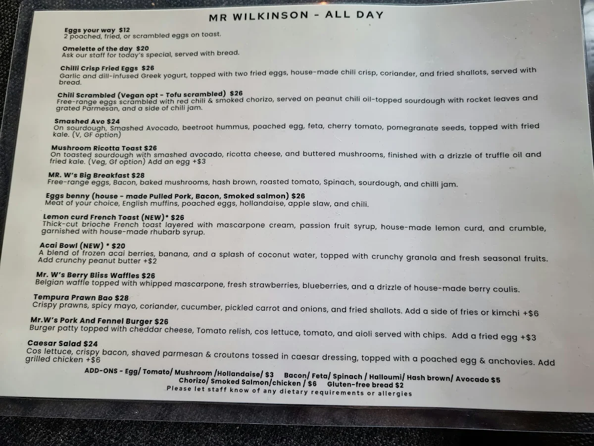 Menu, Mr Wilkinson