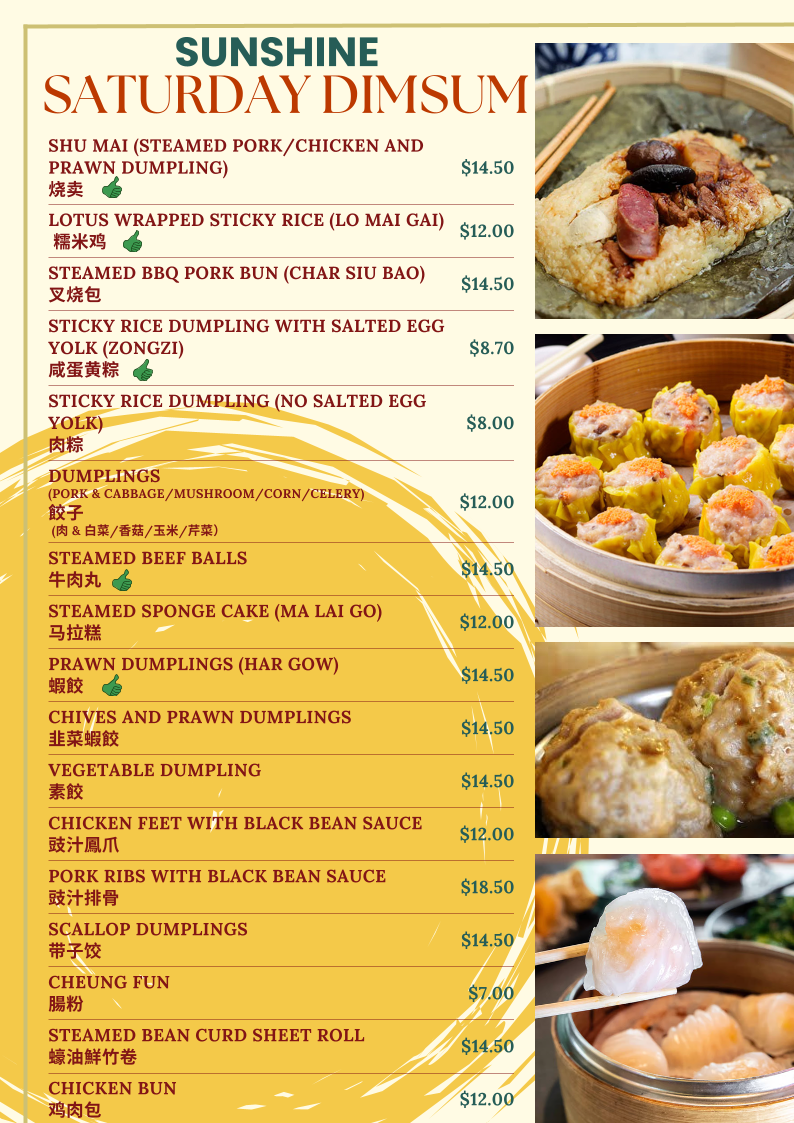 Menu, Sunshine Restaurant