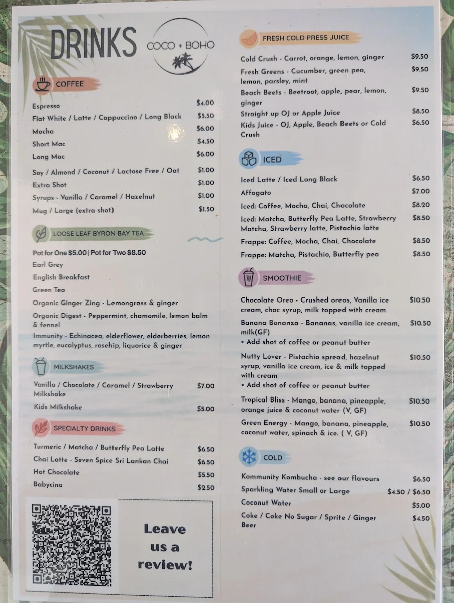Menu, Coco + Boho