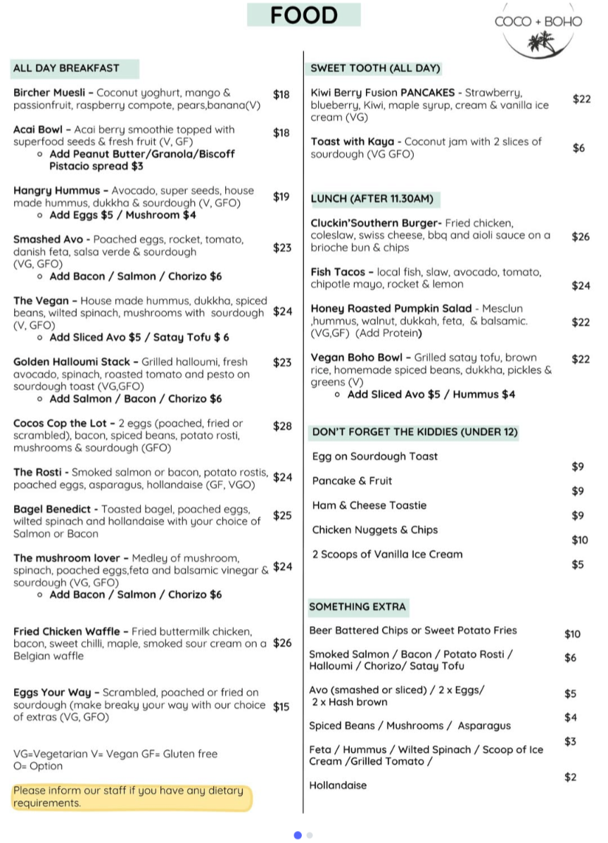 Menu, Coco + Boho